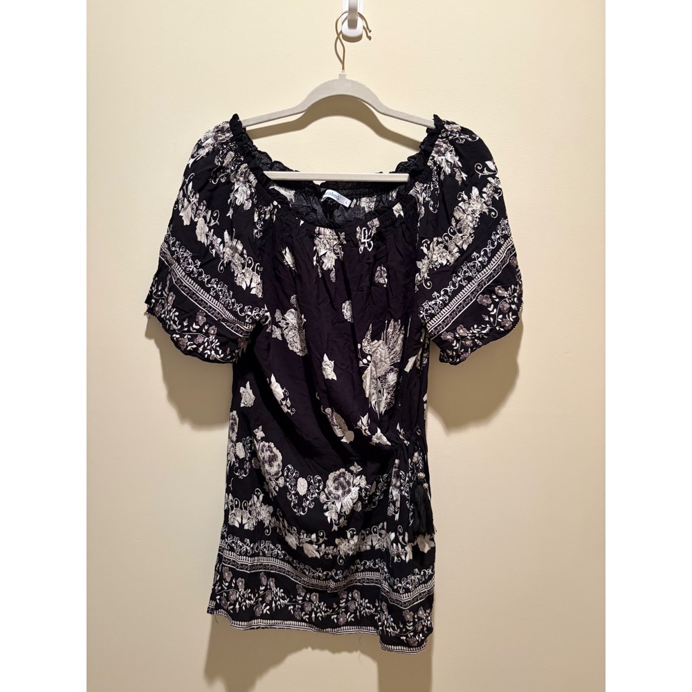 Blue Island Black White Floral Off Shoulder Smocked Waist Tassel Top Large